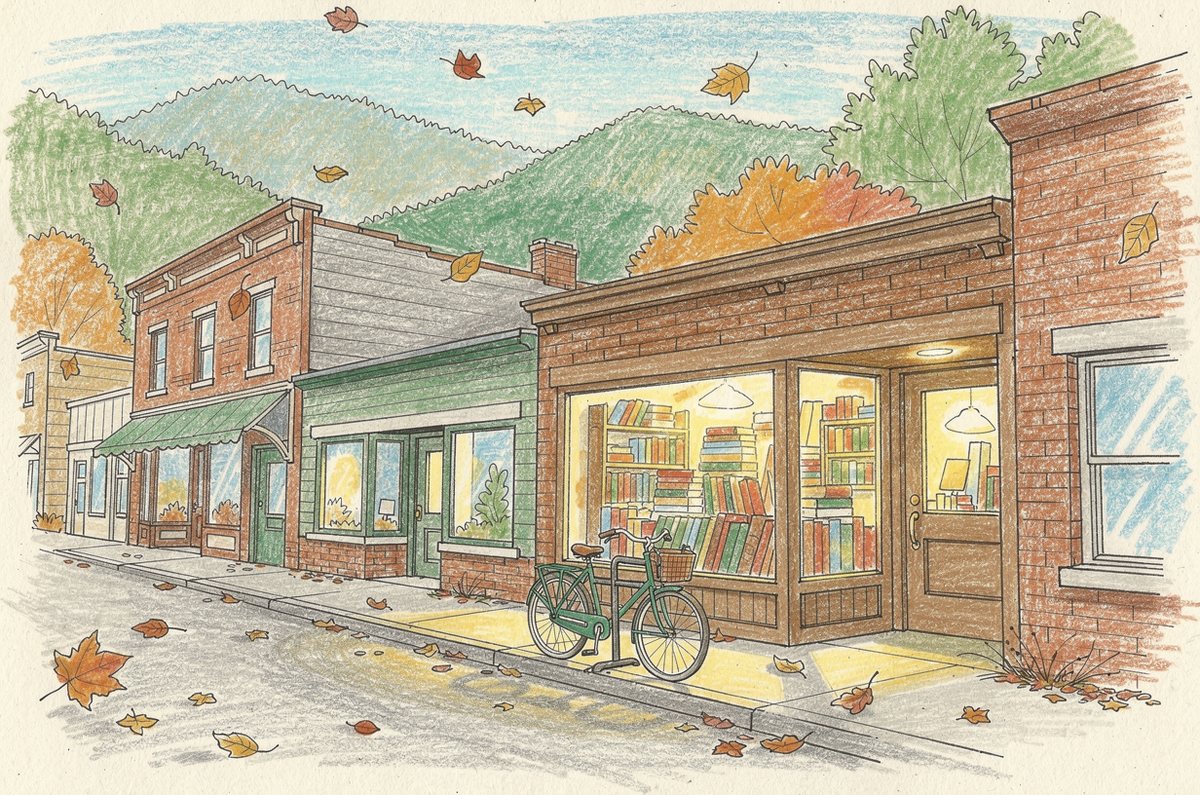 Sketch of a small-town main street with an independent bookstore, warm windows full of books, mountains behind the rooftops.