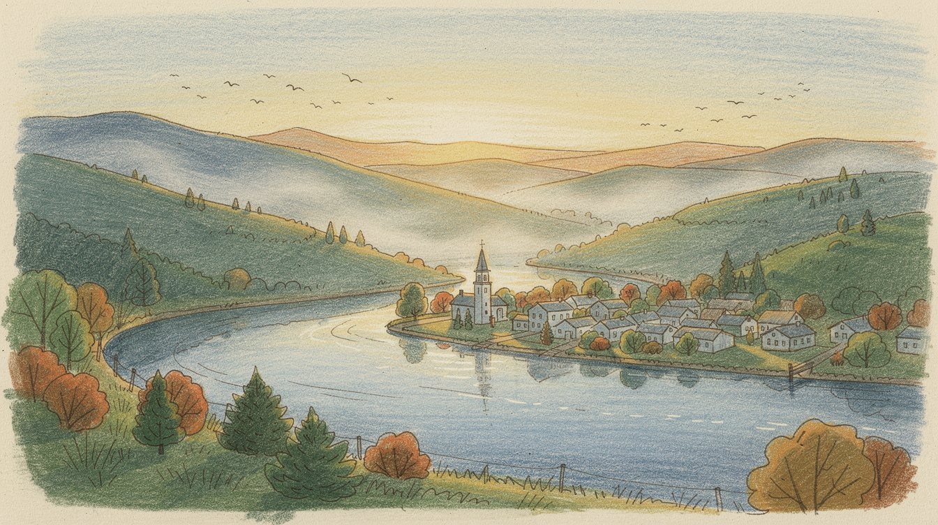 Sketch illustration of layered Appalachian ridges at golden hour, a river town with a white church steeple in the valley below.