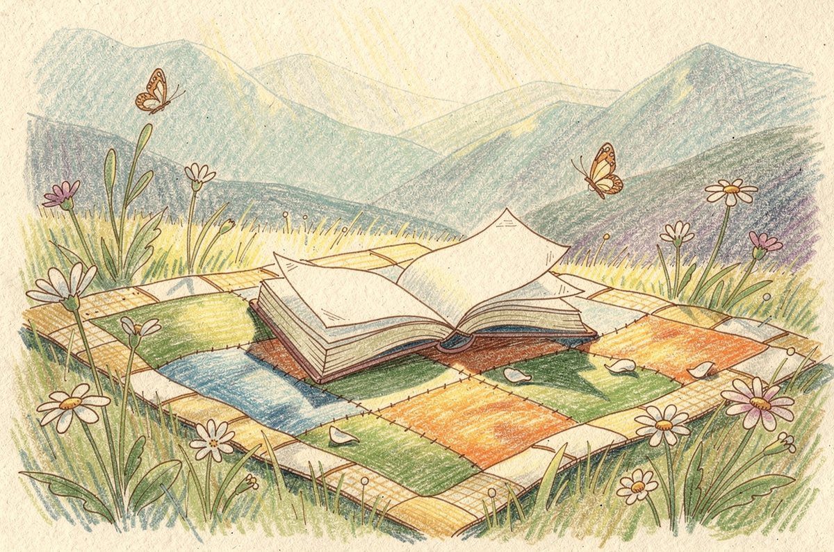 Sketch of an open book on a patchwork quilt in a mountain meadow, wildflowers and butterflies, layered ridges behind.
