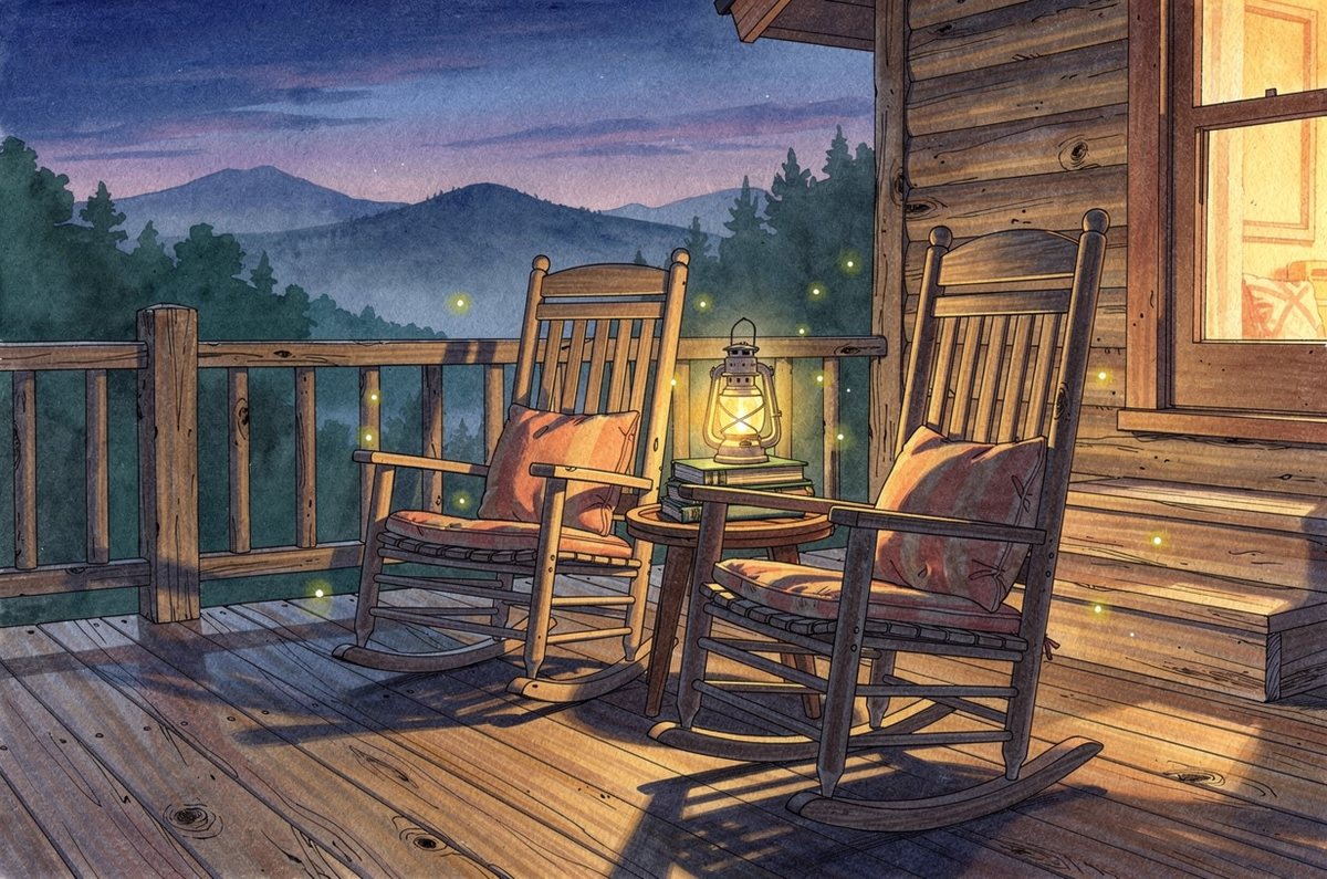 Sketch of a wooden front porch at dusk with rocking chairs, a lantern, a stack of books, and fireflies against misty blue ridges.