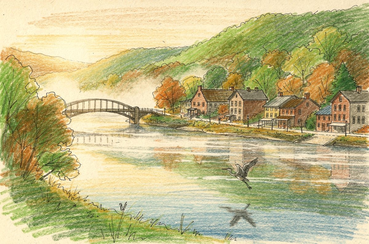 Sketch of a river bend meeting green foothills, a historic bridge and river town in morning fog, a heron flying low.